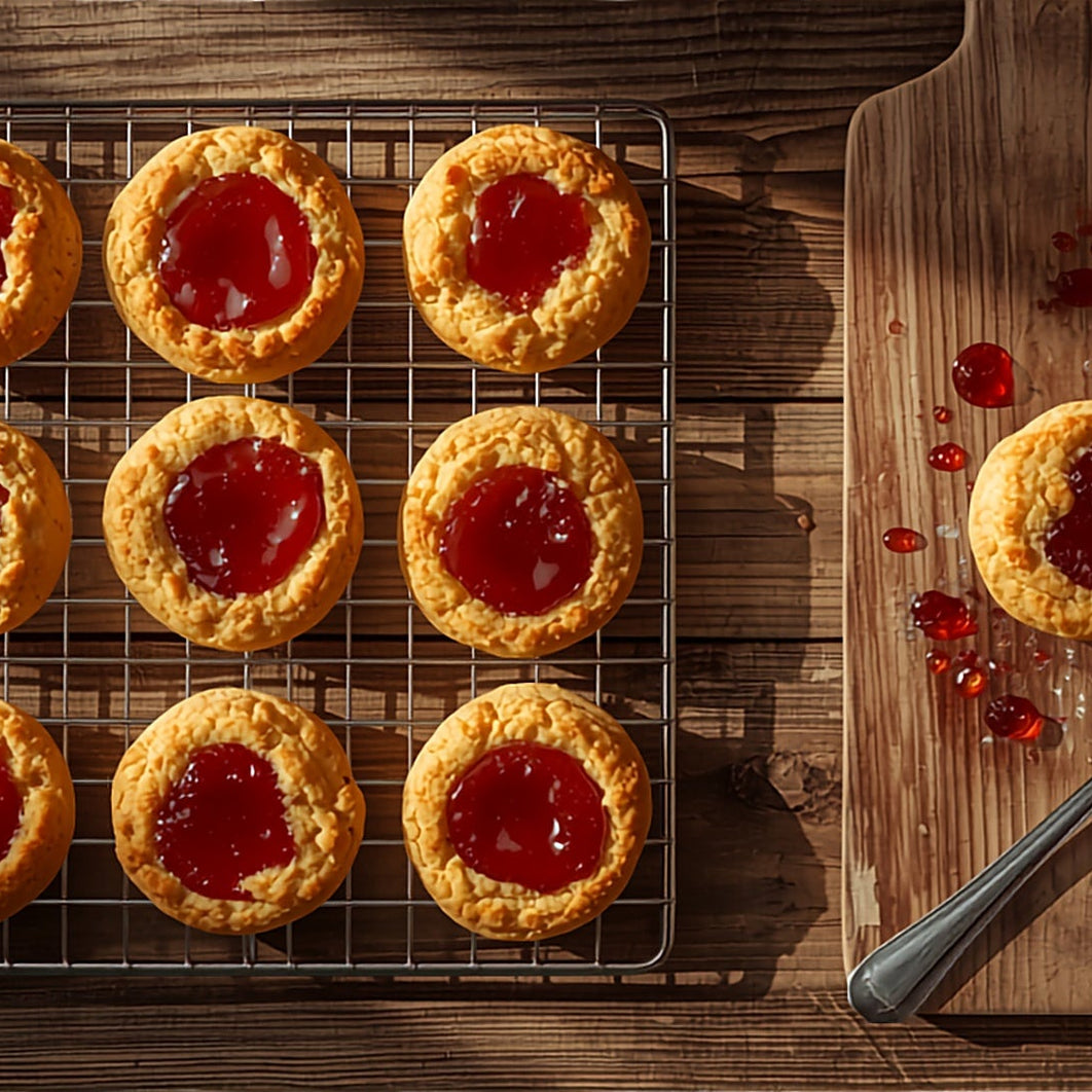 Overhead view of small golden Bush Spice Jam Drop biscuits with glossy deep-red jam centres on a wire rack, one biscuit and a spoon of jam on a rustic timber board beside