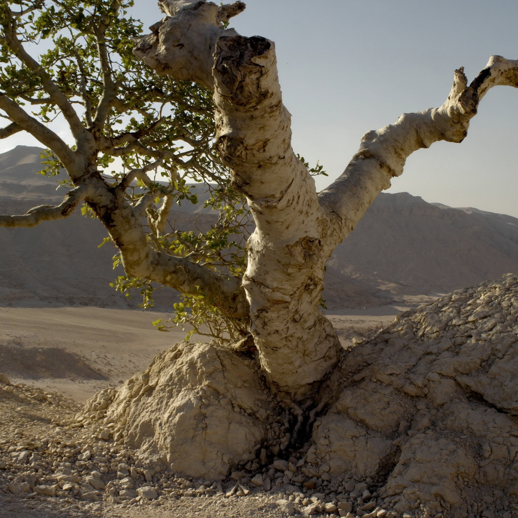 A mature Boswellia frankincense tree with pale peeling bark growing from limestone rock in an arid mountain valley