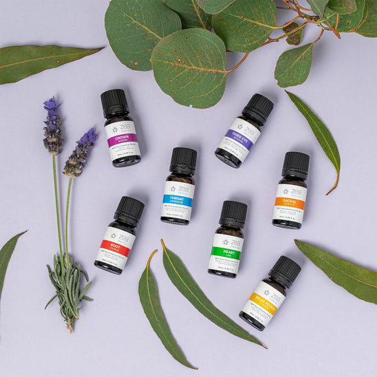 Zea Essentials chakra blends styled in a home setting